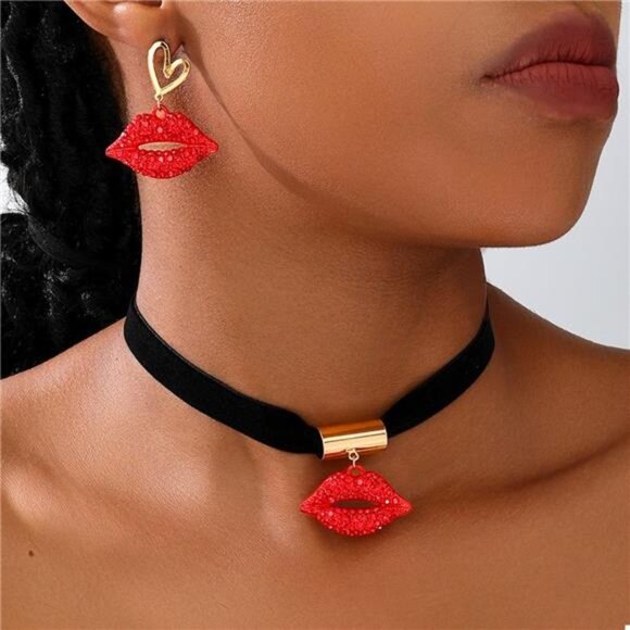 Rhinestone Lip Earrings and Necklace Jewelry Set - Picture 1 of 11